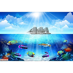 Tranh dán tường Tranh phong cảnh Đại dương biển và đàn cá,Tranh dán tường 3d hiện đại (tích hợp sẵn keo)