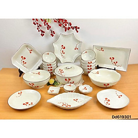 Set bát đĩa men kem 22-23 món. Hoạ tiết hoa đào đông vẽ thủ công. Gốm sứ Bát Tràng.