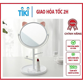 Gương Tai Mèo Để Bàn Trang Điểm Xoay 1 Mặt 360 Độ - TẶNG BỘ CỌ TRANG ĐIỂM