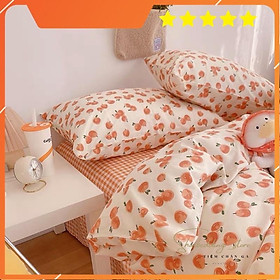 Set Chăn Ga Quả Cam Ga Kẻ Caro Cotton Living Thoáng Mát Siêu Xinh (Shinbedding_store)