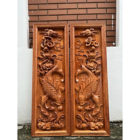 Cặp tranh điêu khắc lý ngư vọng nguyệt bằng gỗ hương đá kt42×127×5cm 