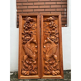 Mua Cặp tranh điêu khắc lý ngư vọng nguyệt bằng gỗ hương đá kt42×127×5cm