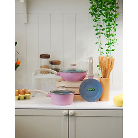 Mua Bộ nồi chảo chống dính Ceramic đáy 6 lớp ăn dặm cho bé La gourmet Baby set màu hồng - sử dụng được tất cả loại bếp - 417893