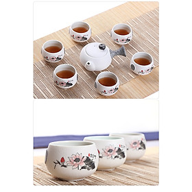 Bộ Bình Trà Tĩnh Tâm Chất liệu Bột Đá và Men Tráng Sứ Cao Cấp Họa Tiết Đóa Sen Hồng -F990