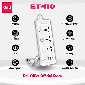 Ổ Cắm Điện Đa Năng DELI Sạc Nhanh TypeC USB PD20W 2-12 Ổ Vuông Dẹt Chịu Tải 2500W, Cầu Chì Tự Ngắt - 3 ổ 3 USB 4 nguồn 2m