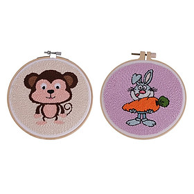 2 Sets Punch Needle Kits Punch Needle Pen Soft Yarn - Lovely Rabbit & Monkey