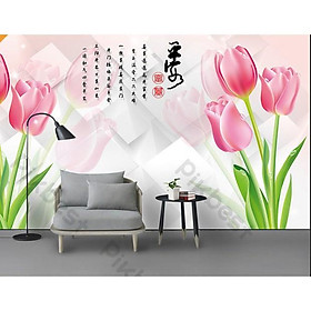 Tranh dán tường Hoa tulip lãng mạn, tranh dán tường 3d hiện đại (tích hợp sẵn keo) MS1075926