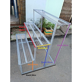 (Dài 1,2M x Rộng 30cm) kệ bậc thang 3 tầng có bánh xe chiều cao nhiều kích thước,kệ sắt v lỗ vỉ lưới ô vuông