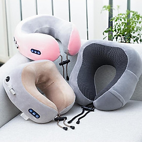 Gối Massage Vai Gáy Hồng Ngoại Đa Năng U-Shaped dùng pin sạc, gối êm, 6 bi quay liên tục thư giãn, Hàng chính hãng