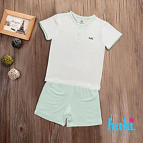Bộ quần áo sơ sinh cho bé vải sợi tre siêu mềm mịn cao cấp - Bộ quần áo cộc tay cổ trụ phối màu, bộ cộc tay bé gái -  bộ cộc tay bé trai, đồ sơ sinh cho bé từ 3 tháng đến 3 tuổi (4kg - 15kg)  Haki BB022Bộ quần áo cộc tay cổ trụ phối màu vải sợi tre cao cấ