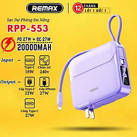 Sạc dự phòng 20000mAh kiêm củ sạc Remax RPP 553 thiết kế kèm dây sạc nhanh 27w cho 14 Serie - Hàng Chính Hãng Remax