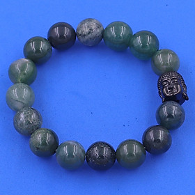 Vòng chuỗi đeo tay đá cẩm thạch xanh đậm 12 ly charm đầu Phật Như lai inox đen, Như lai Phật tổ, vòng chuỗi phong thủy, A DI ĐÀ