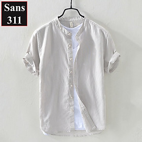 Áo sơ mi nam ngắn tay Sans311 chất linen đũi trơn nhẹ thoáng mát đẹp cổ tàu trụ trắng xanh dương xám nhạt than be