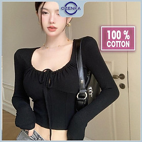 Áo croptop tay dài cổ vuông ôm nữ buộc nơ OZENKA, áo crt ngắn kiểu hàn quốc màu đen trắng dưới 55 kg