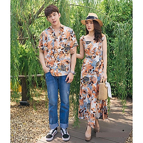 Set Áo váy đôi sơ mi CoupleTina họa tiết hoa lá đi biển mềm mịn cao cấp