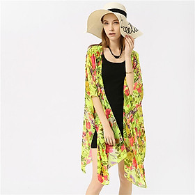 Women's Bathing Suit Cover Up Open Back Crochet Long Beach Kimono Cardigan Floral Print Loose Swimsuit