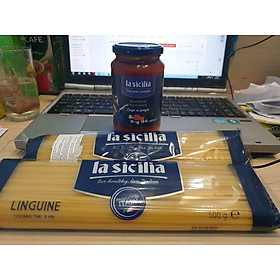 Combo 2 gói Mì Sợi dài dẹp Linguine (Spaghetti) số 5 La Sicilia – 500g và 01 lọ Sốt spagetty cà chua và nấm 350G