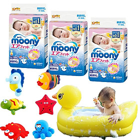 Combo 3 gói tã dán Moony cao cấp size NB90/S84/M64/XL44 tặng chậu tắm phao vịt vàng