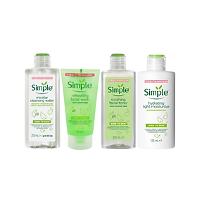 Combo Chăm Da Cơ Bản SIMPLE Nước Tẩy Trang 200ml + Sữa Rửa Mặt 150ml + Toner 200ml + Sữa dưỡng 125ml