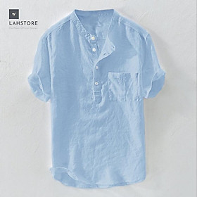 Áo sơ mi đũi nam cộc tay cổ trụ 4 khuy phối túi ngực LAHSTORE. - Màu Xanh - Size M