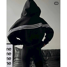 Áo khoác nữ chống nắng Croptop 3 Sọc Dáng Rộng Mũ To 3 sọc bao chất phối đẹp-A2116 - Đen Sọc Nón To