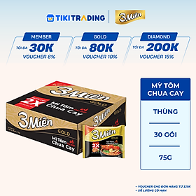 Thùng 30 Gói Mì 3 Miền Gold Tôm Chua Cay Đặc Biệt 75g