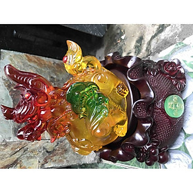 Tượng Tỳ Hưu Phong thủy 1 con to hút tài lộc màu vàng đỏ trên hủ tiền hoa đế gỗ xoay size cao 25cm đk 17cm hợp Anh Chị mệnh Kim mệnh Thổ để bàn làm việc, phòng khách trang trí ạ