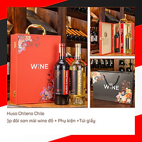 Hộp sơn mài wine đỏ 2 chai rượu vang Chile Huso Chileno