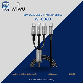 Cáp sạc hàng chính hãng WiWU Titanlink 3 trong 1 Wi-C060: Công suất 60W, tích hợp 2 Type-C, 1 L, sạc đa năng