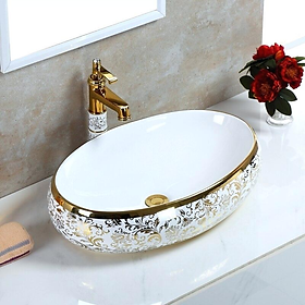 Mua Chậu sứ lavabo để bàn hình oval  vân cổ điển màu vàng tuyệt đẹp