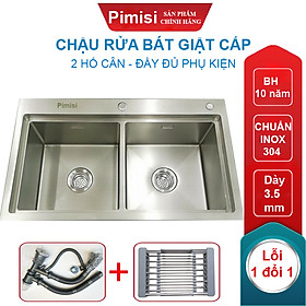 Mua Chậu rửa bát chén inox 304 Pimisi đúc 2 hố cân kiểu 2 tầng giật cấp  kích thước bồn rửa bậc thang 78x43 và 82 x 45 cm thép không gỉ sus 304 cao cấp đầy đủ xi phông loại to và kèm rổ đựng  gắn bàn đá hoặc để kệ giá dàn bếp | Hàng chính hãng