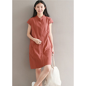 Đầm suông chất đũi cổ trụ phối túi bên hông LAHstore, chất vải mềm mát thích hợp mùa hè, thời trang Hàn Quốc