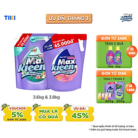 Combo Túi Nước Giặt Xả MaxKleen Thiên Nhiên 3.6kg + Túi Hoa Nắng 3.8kg