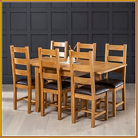 Bộ bàn ghế phòng ăn gỗ sồi Tundo mặt kéo giãn màu vàng tự nhiên 1m8 + 8 ghế mặt nệm 3 nan