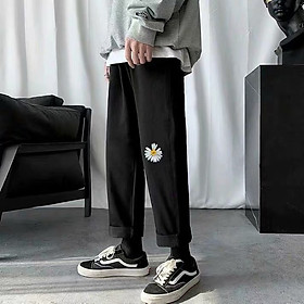 Quần baggy kaki unisex WIND Thêu hoa cúc, quần baggy ống suông ullzang WIND