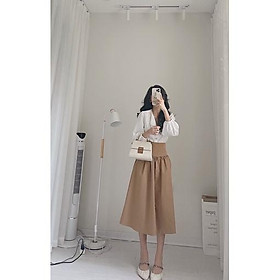 Set tiểu thư sơ mi khuy ngọc và chân váy nâu xoè bồng