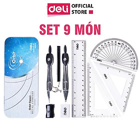 Bộ 9 dụng cụ đo lường Học sinh Deli - Compa, Eke, Thước kẻ, Bút chì, Thước đo góc, Gọt chì, Tẩy - Kèm Hộp Sắt Tiện Dụng