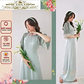 Áo dài lụa ngọc trai cách tân phối hoa nhí thiết kế mới_ADL987