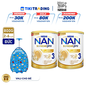 Bộ 2 Lon Sữa Bột Nestlé NAN SupremePro 3 với 5HMO giúp tăng đề kháng, đạm Gentle Optipro giúp dễ hấp thu & ngừa nguy cơ dị ứng (chàm sữa) - Tặng Vali cho bé (2-6 tuổi)