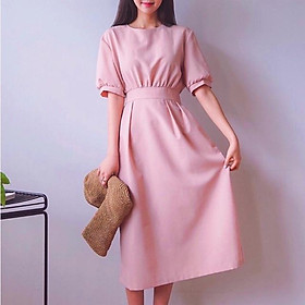 Đầm váy hồng nút sau cột eo (kèm hình thật)