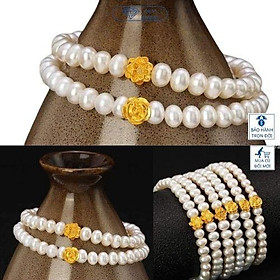 Vòng tay ngọc hạt trai mix charm hoa hồng( hoa sen) vàng phong thủy may mắn 24k, Anchi jewelry