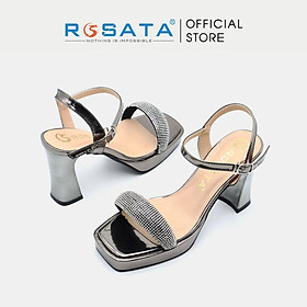 Giày sandal cao gót nữ đế vuông 8 phân mũi tròn phối kim tuyến quai hậu cài khóa mảnh ROSATA RO475 ( Bảo Hành 12 Tháng ) - XÁM