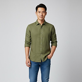 ÁO SƠ MI NAM LINEN OLIVE PLAIN SLIM FIT SHIRT - SIZE S-M