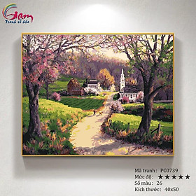 Mua Tranh sơn dầu số hoá tự vẽ phong cảnh thiên nhiên hoa đào - Mã PC0739 Lối nhỏ mùa xuân