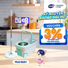 Combo 3 Bông Lau + 1 Bộ Lau Nhà MyJae Đài Loan Sợi Microfiber Xoay Siêu Tốc 360 Độ Thông Minh 129.5cm