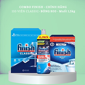 combo viên rửa bát finish 100 viên  nước làm bóng finish 750ml  muối rửa bát finish 1,5kg dùng cho máy rửa bát - Combo 110V  muối 1.5kg  bóng finish 750ml
