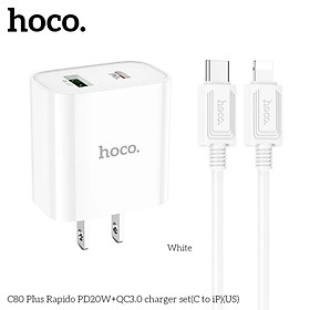 Mua Bộ Sạc Nhanh Dành Cho Hoco. C80 Plus PD20W QC3.0 2 Cổng Sạc Type-C + USB-A Kèm Cáp Type-C To IP Dài 1m Hàng Chính Hãng