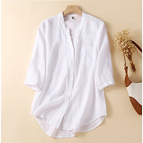 Áo sơ mi nữ cổ tàu tay ngắn có túi Đũi Việt DV48