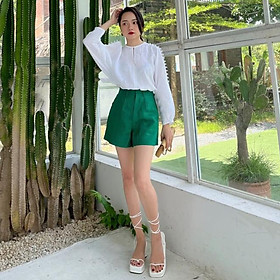 Bộ Linen Hàn Áo sơ mi tay phồng hở vai cổ yếm kèm quần short trẻ trung ArcticHunter