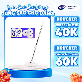 Combo 3 Bông Lau + 1 Cây Lau Nhà Đơn MyJae Sợi Microfiber Xoay 360 Độ Phù Hợp Cho Nhiều Loại Thùng Lau 134cm